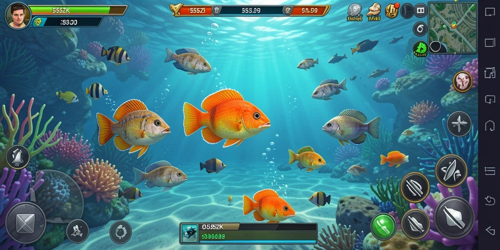 Tampilan gameplay seru pada 555ZK menembak ikan berwarna-warni.
