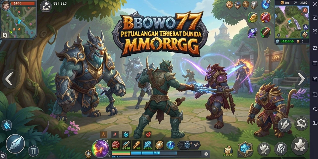 Screenshot BOWO77 menampilkan aksi pertempuran di dunia MMORPG yang megah.