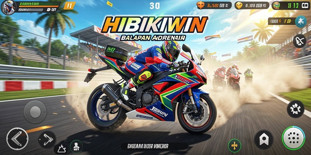 Screenshot gameplay HIBIKIWIN menampilkan aksi balapan motor yang seru.