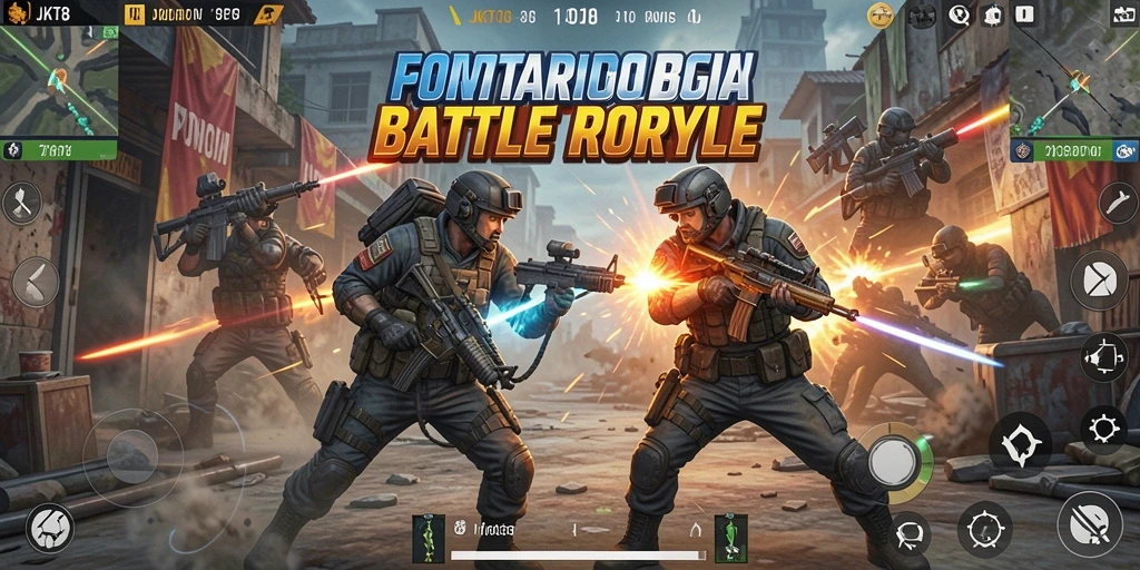 Screenshot menunjukkan pemain beraksi dalam pertempuran Battle Royale yang intens.