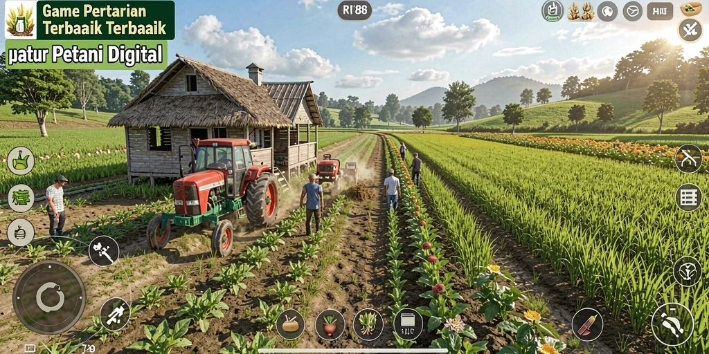 Tampilan gameplay <strong>RI188</strong> yang menggambarkan kebun yang subur dan interaksi petani.