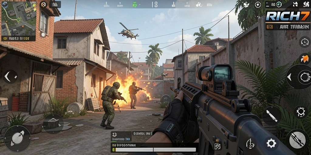 Tampilan gameplay RICH7 yang mendebarkan dengan aksi menembak yang intens.